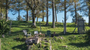 A grassy outdoor area with a wooden structure, a table, and two Adirondack chairs.