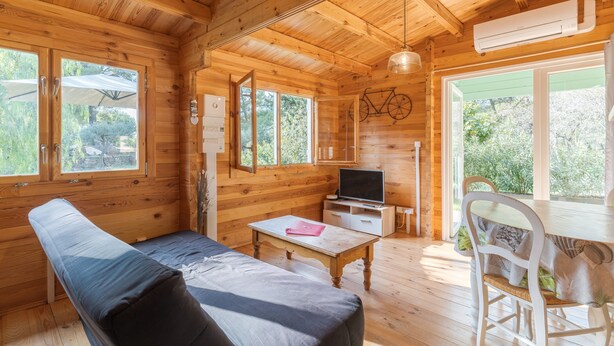 A wooden cabin with a sofa, table, TV, and bicycle decoration. - Holiday Home 'Le Colibri' with Private Pool, Wi-Fi and Air Conditioning (La Ciotat)
