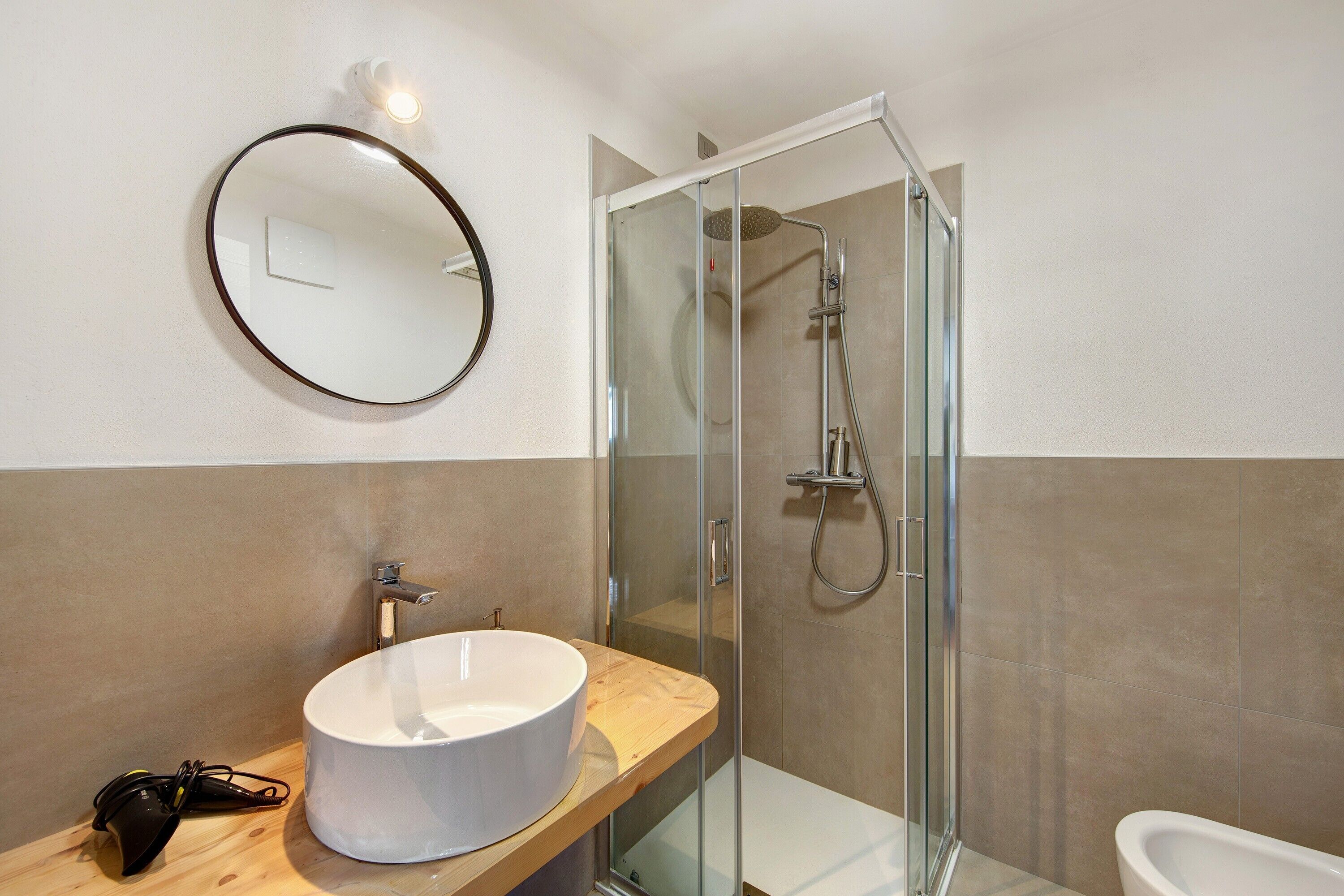 Shower, hair dryer, towels
