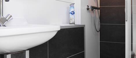 Un baño con lavamanos blanco, ducha de mano y retrete.
