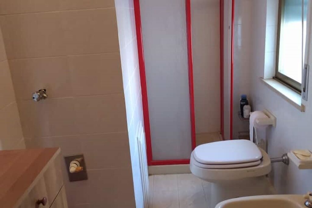 A bathroom with a toilet, a sink, and a shower area.