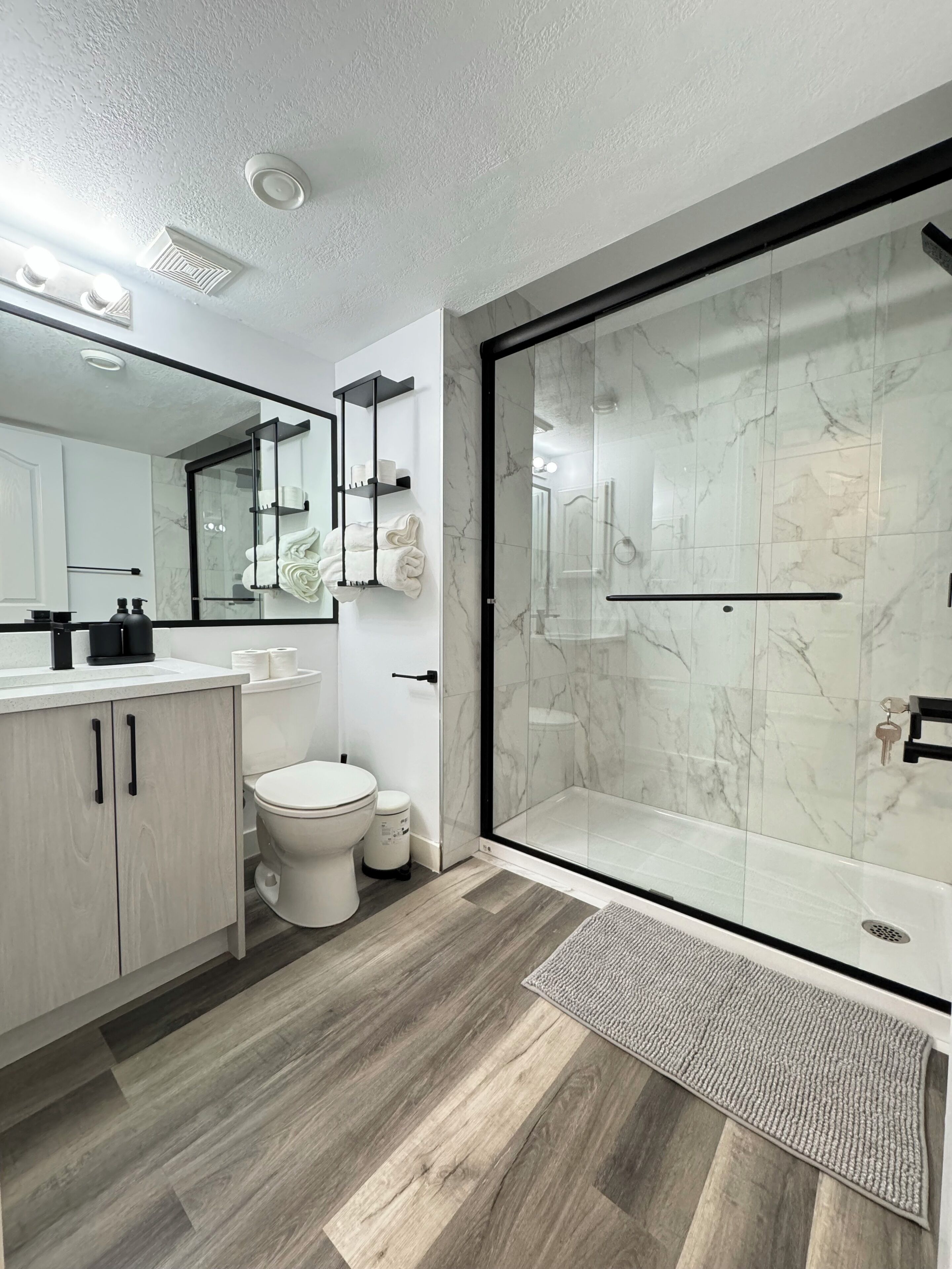 Shower, towels, soap, shampoo