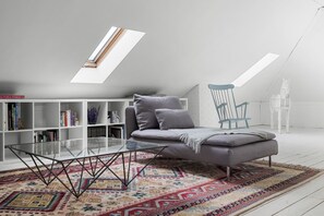 TV, fireplace, books