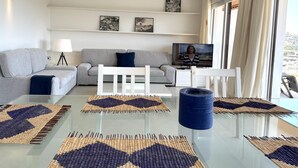 Un salon moderne avec une table basse en verre, deux canapés, un téléviseur et des tapis décoratifs.