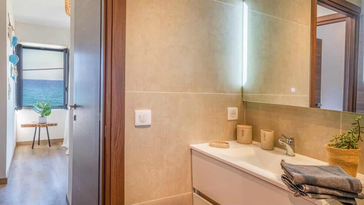 Un bagno con uno specchio grande, un lavandino con un asciugamano e una pianta in vaso.