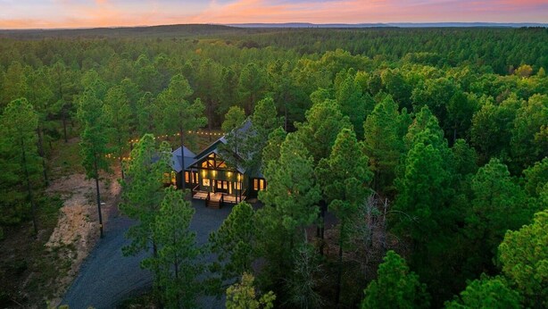 A cabin surrounded by dense forest, with a clear view of the sky and distant horizon.