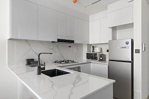 Fridge, microwave, oven, dishwasher