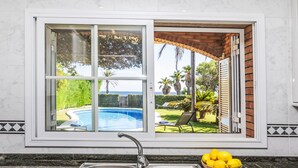 A kitchen with a double sink, a window overlooking a pool and garden, and a bowl of lemons on the counter.
