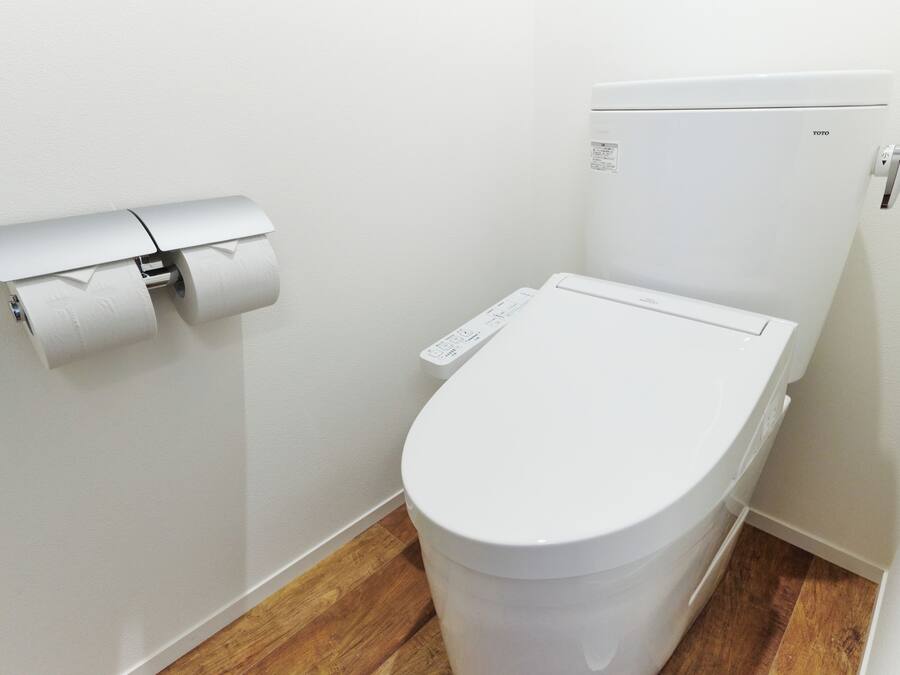 Sanitário branco com painel de controle, rolo de papel higiênico na parede e piso de madeira.