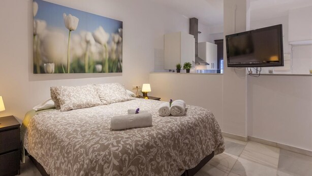 Une chambre à coucher moderne avec un grand lit, un téléviseur fixé au mur et un tableau représentant des fleurs.