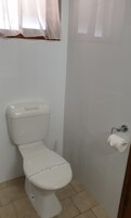Un inodoro blanco con tapa, un dispensador de papel higiénico y una ventana con cortinas traslúcidas.