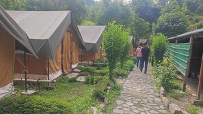 A pathway leading to multiple tents with a stone-paved ground and greenery. - Hail Himalayas  (Shimla)