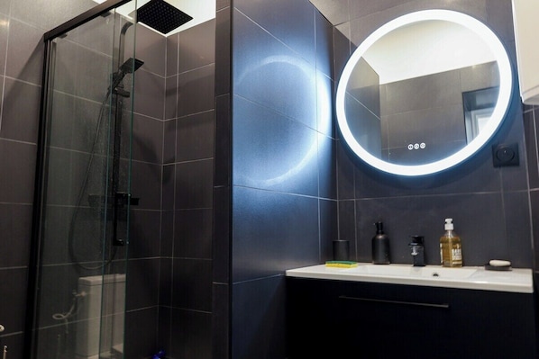 Douche, séchoir à cheveux, serviettes fournies