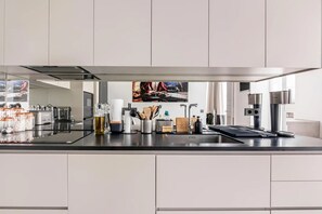 Fridge, microwave, oven, dishwasher