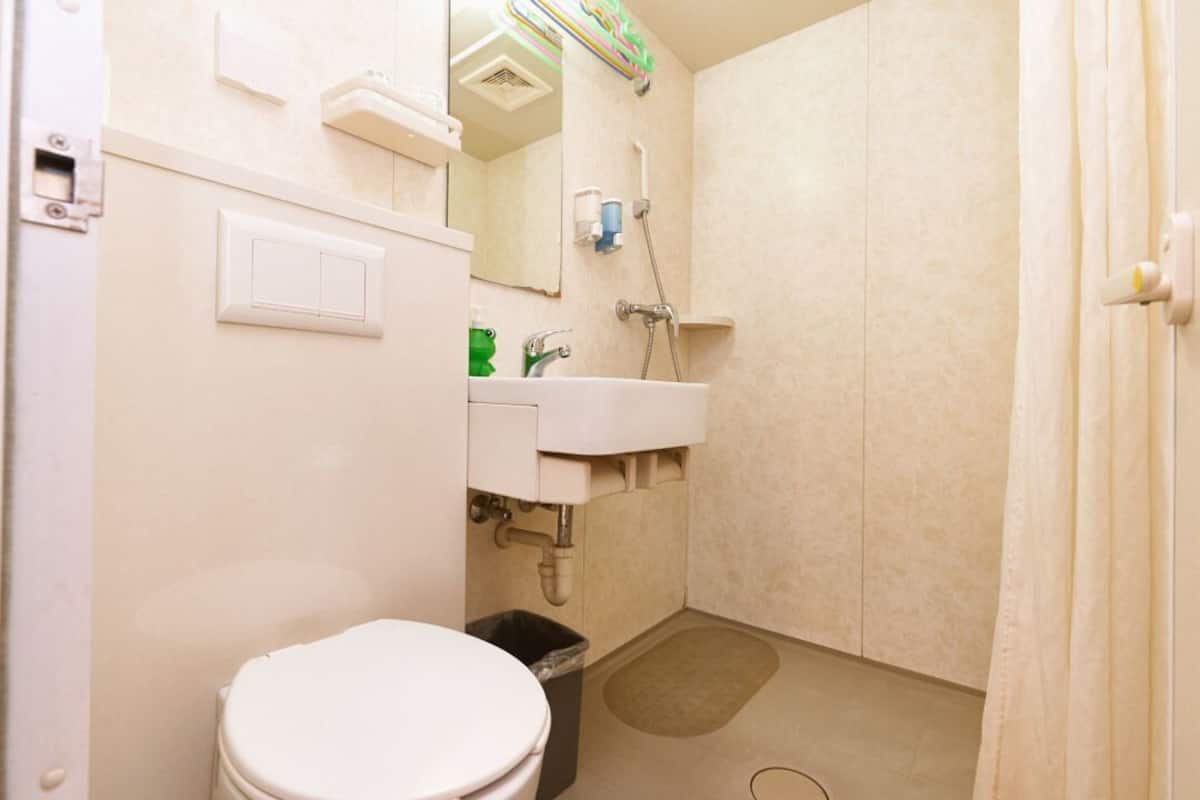 Habitación económica con 2 camas individuales | Baño | Regadera, secadora de cabello, toallas, shampoo