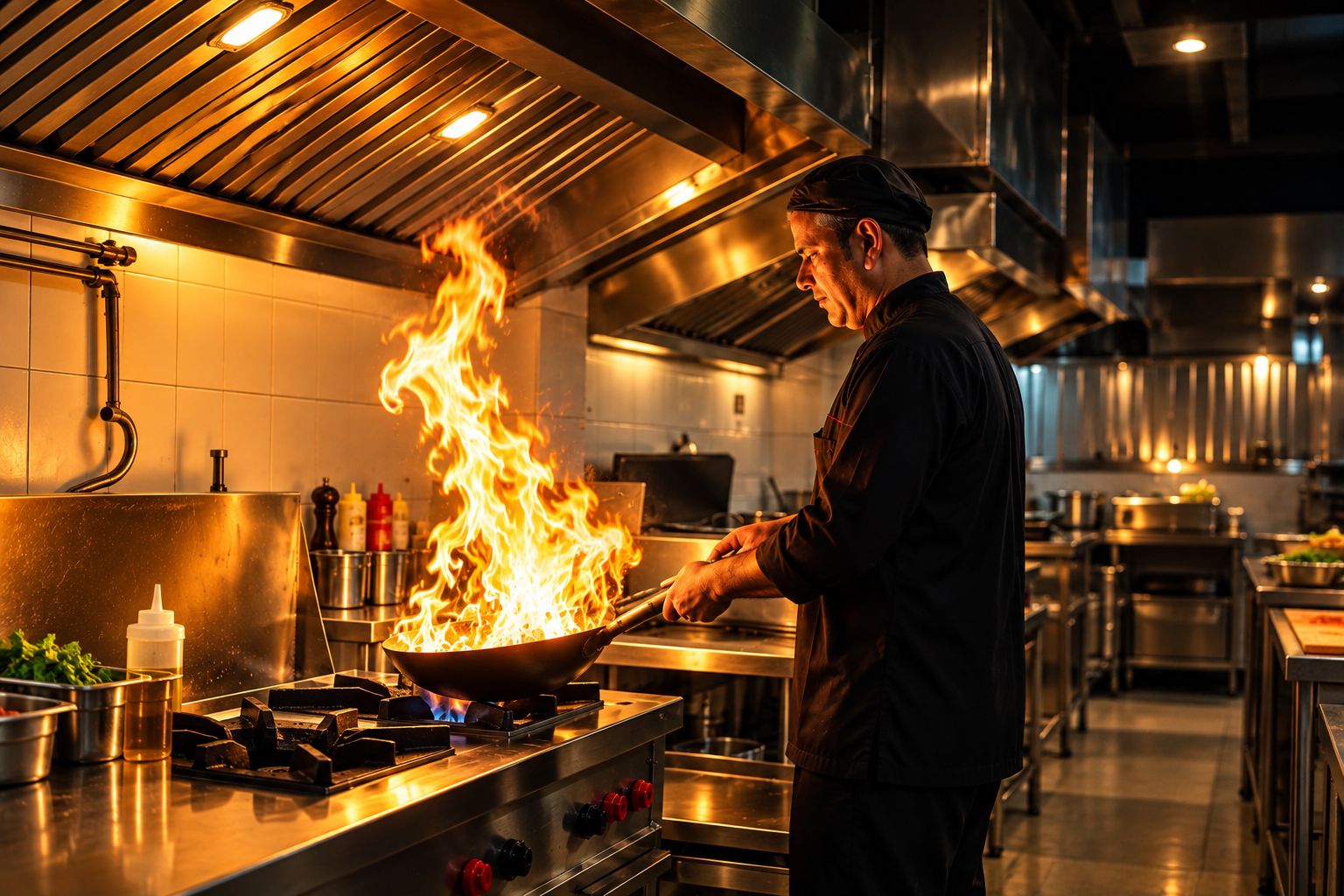 Un cocinero preparando comida con llamas en una cocina profesional.