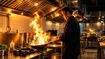 Un cocinero preparando comida con llamas en una cocina profesional.