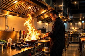 A chef cooking with flames in a professional kitchen. - The Altruist Wagholi Hotel (Pune)