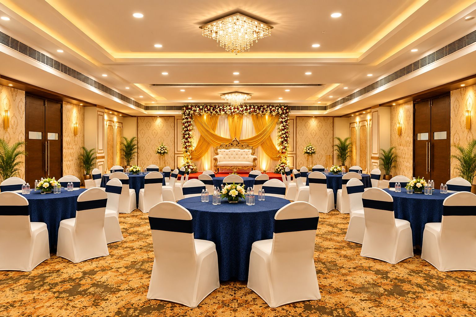 Un salón de banquetes con mesas redondas, sillas blancas y un escenario con decoraciones florales.
