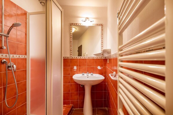 A bathroom with a shower, a sink, and a mirror.