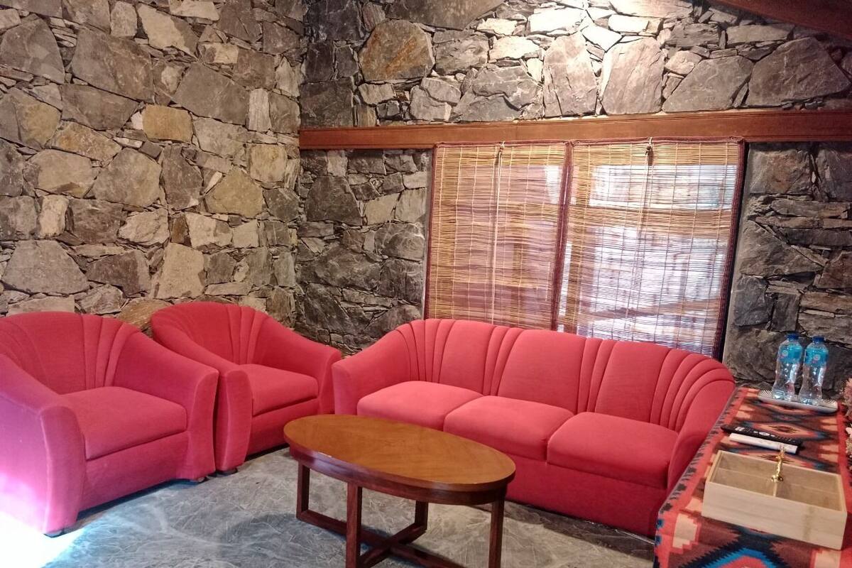 A room with a stone wall, a red sofa set, a wooden coffee table, and a patterned rug.