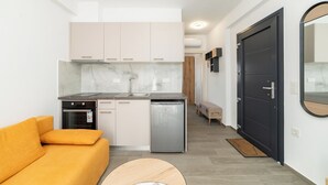 Eine kompakte Küche mit Geschirrspüler, Backofen und Spüle. Dazu gehört eine kleine Sitzecke mit einer Couch und einem Couchtisch.