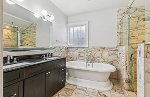 Hair dryer, towels, soap, shampoo