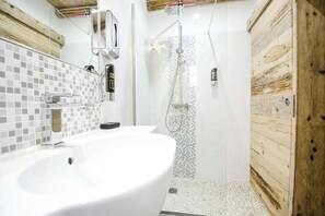 Hair dryer, towels, soap, shampoo