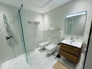 Shower, hair dryer, towels, soap