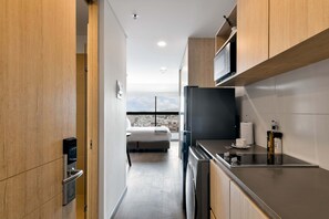 Fridge, microwave, stovetop, coffee/tea maker