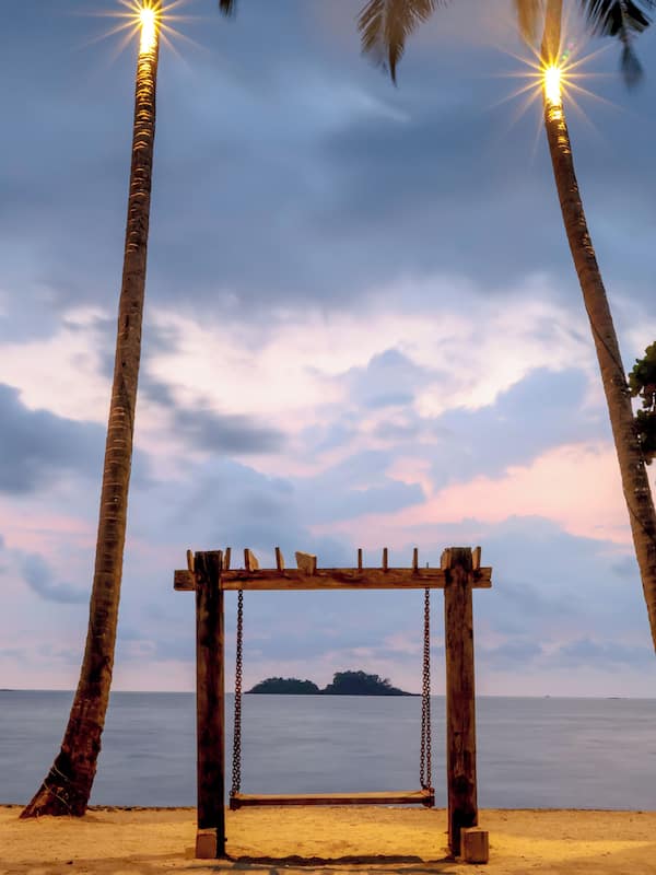 Relax on a beachside swing, surrounded by palm trees and a serene view of the ocean.