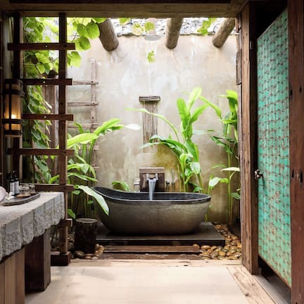 Separate tub and shower, rainfall showerhead, hair dryer, bathrobes