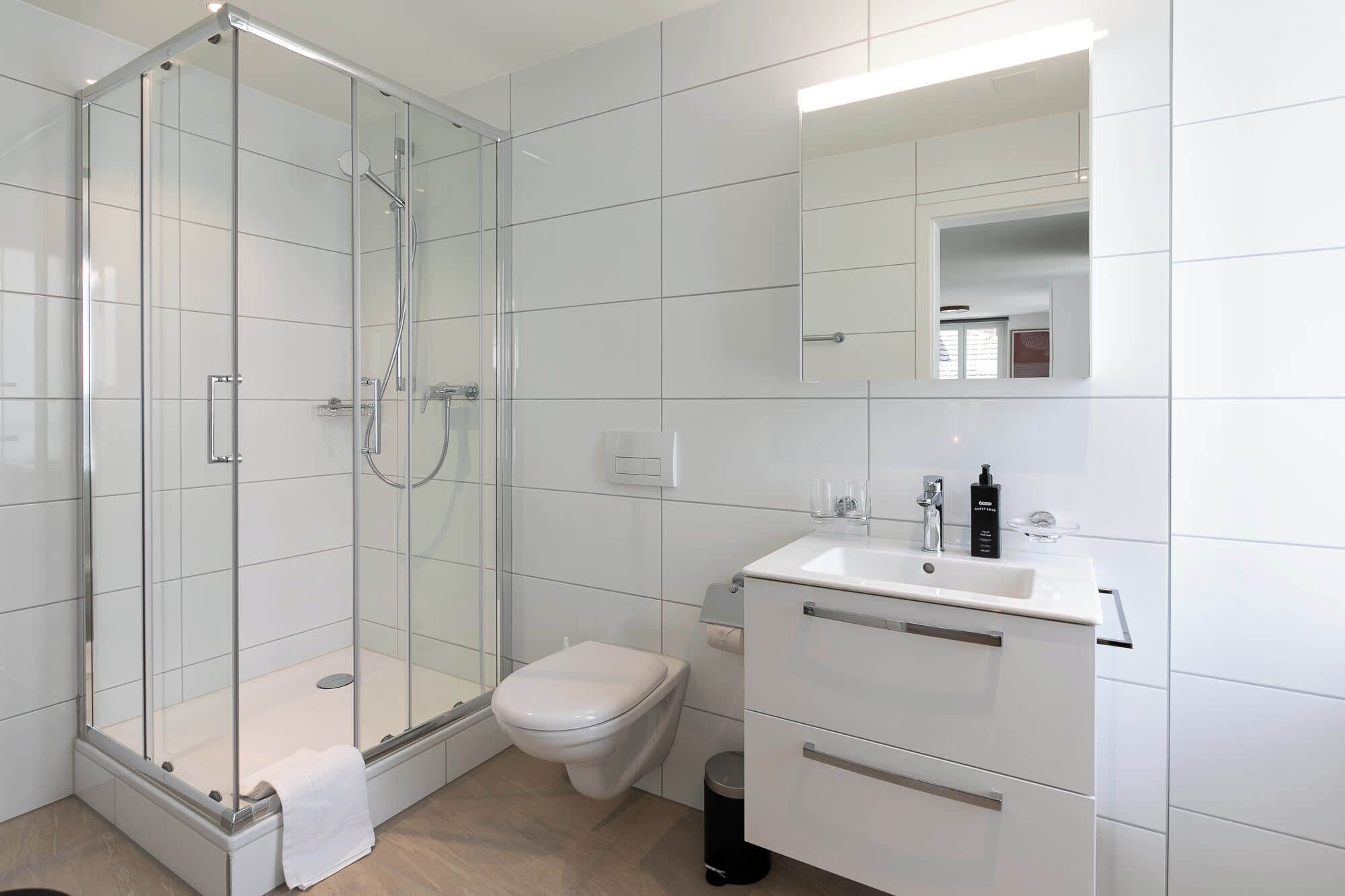 Shower, hair dryer, towels, shampoo