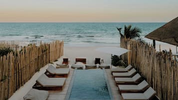 A beachside pool area with lounge chairs and a small pool, surrounded by wooden fences and palm trees.