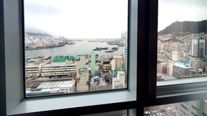 A view from a high-rise window overlooking a harbor with boats, a bridge, and a cityscape. - Raviens TheBayment Nampo (Busan)