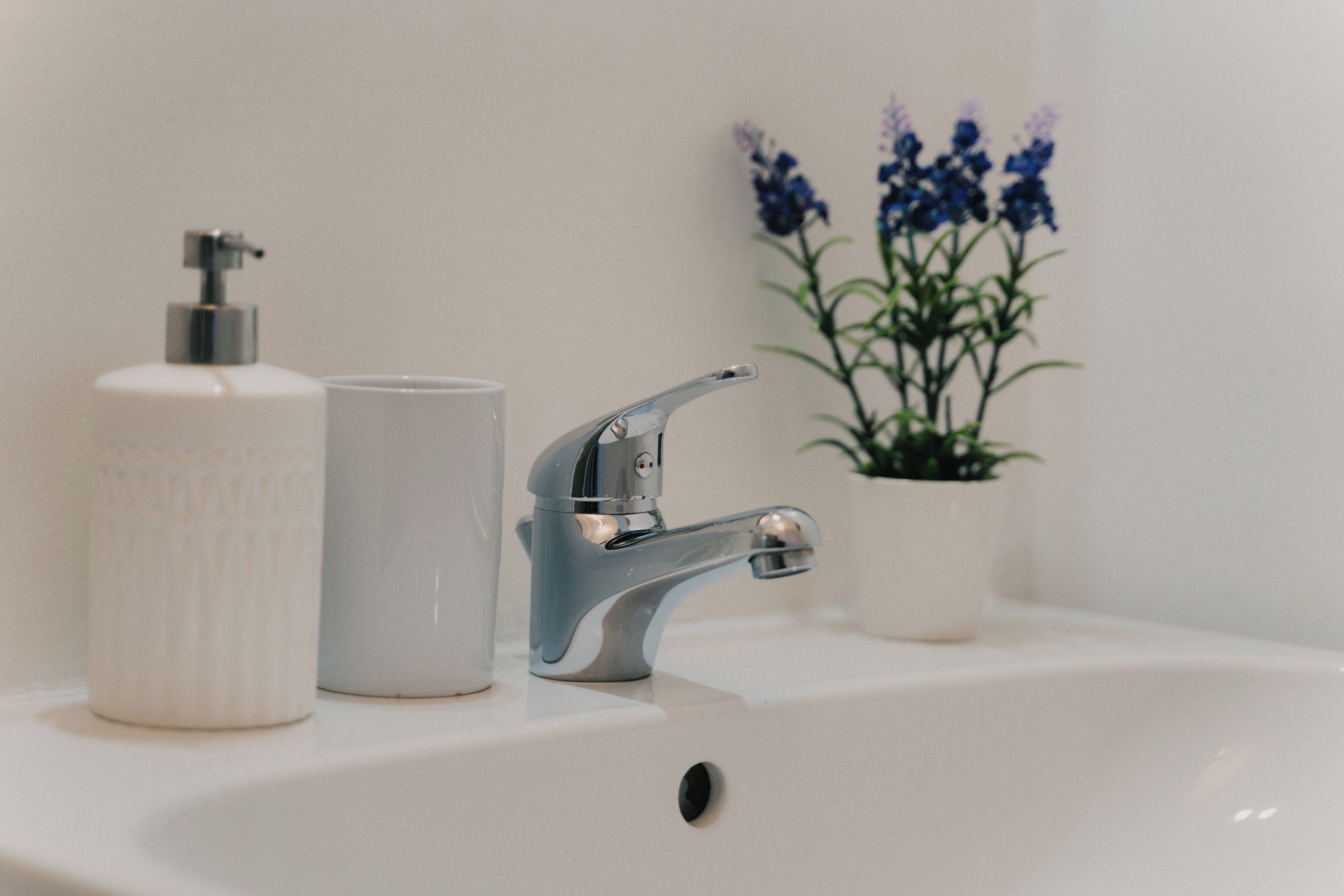 Ein Badezimmerwaschbecken mit chromfarbenem Wasserhahn, einem weißen Seifenspender und einer weißen Tasse. Im Hintergrund steht eine Topfpflanze mit blauen Blüten.