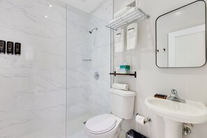 Shower, hair dryer, towels