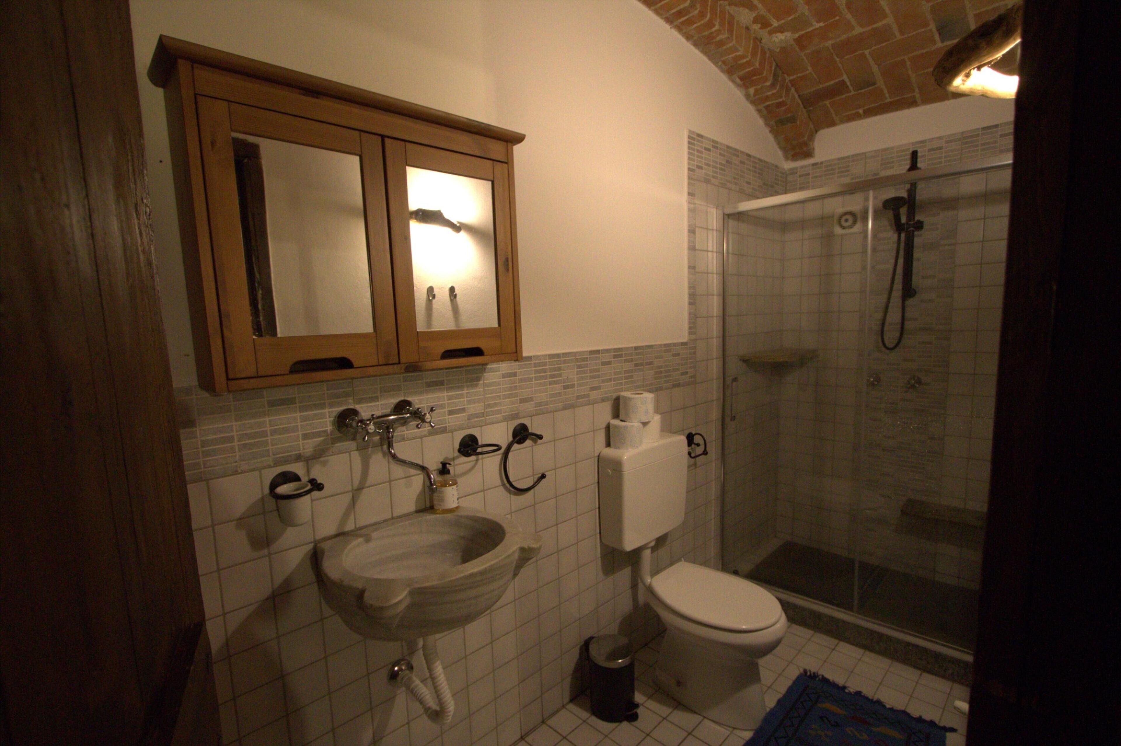 A bathroom with a wooden cabinet, a sink, a toilet, and a glass-enclosed shower.
