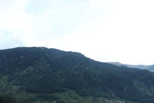 A mountainous landscape with dense forest coverage and a small settlement at the base.