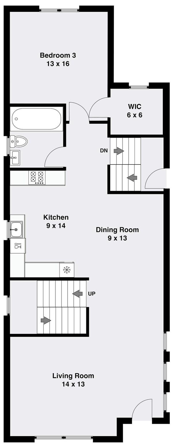Plano de planta de una casa con Dormitorio 3 (3.9 x 4.9 metros), un vestidor (1.8 x 1.8 metros), Cocina (2.7 x 4.3 metros), Comedor (2.7 x 3.9 metros) y Sala de estar (4.3 x 3.9 metros).
