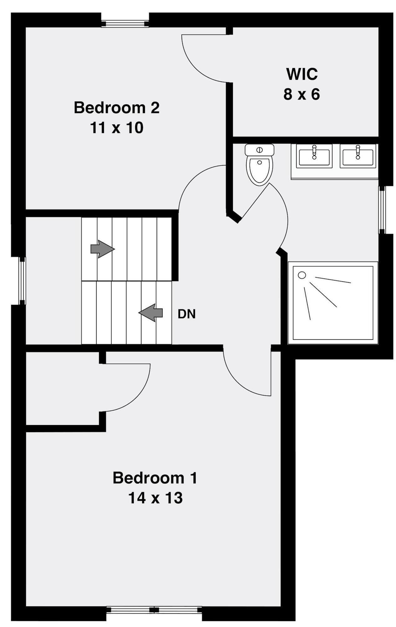 Un plan d’étage comprenant deux chambres, des toilettes et un coin repas.