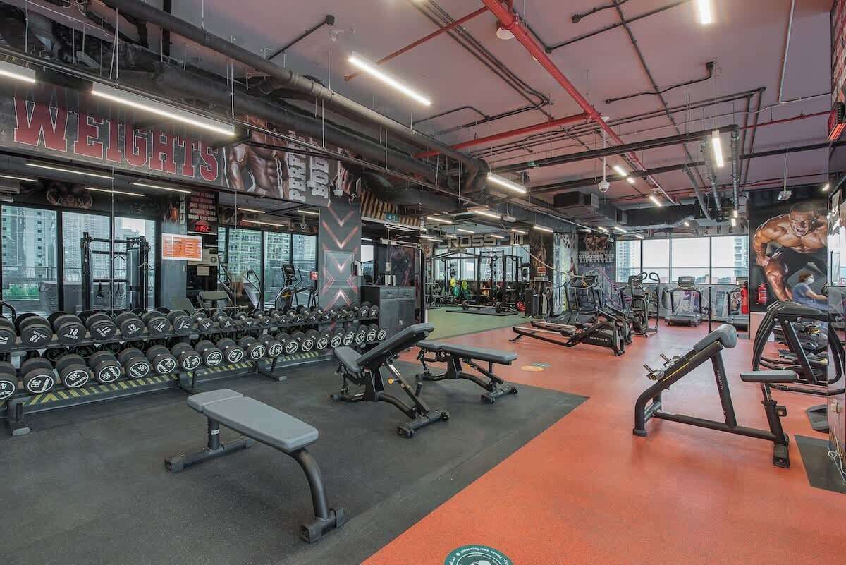 Une salle de sport équipée de divers appareils d’exercice, notamment des haltères, des bancs et des tapis de course.