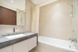 Shower, towels, soap, shampoo