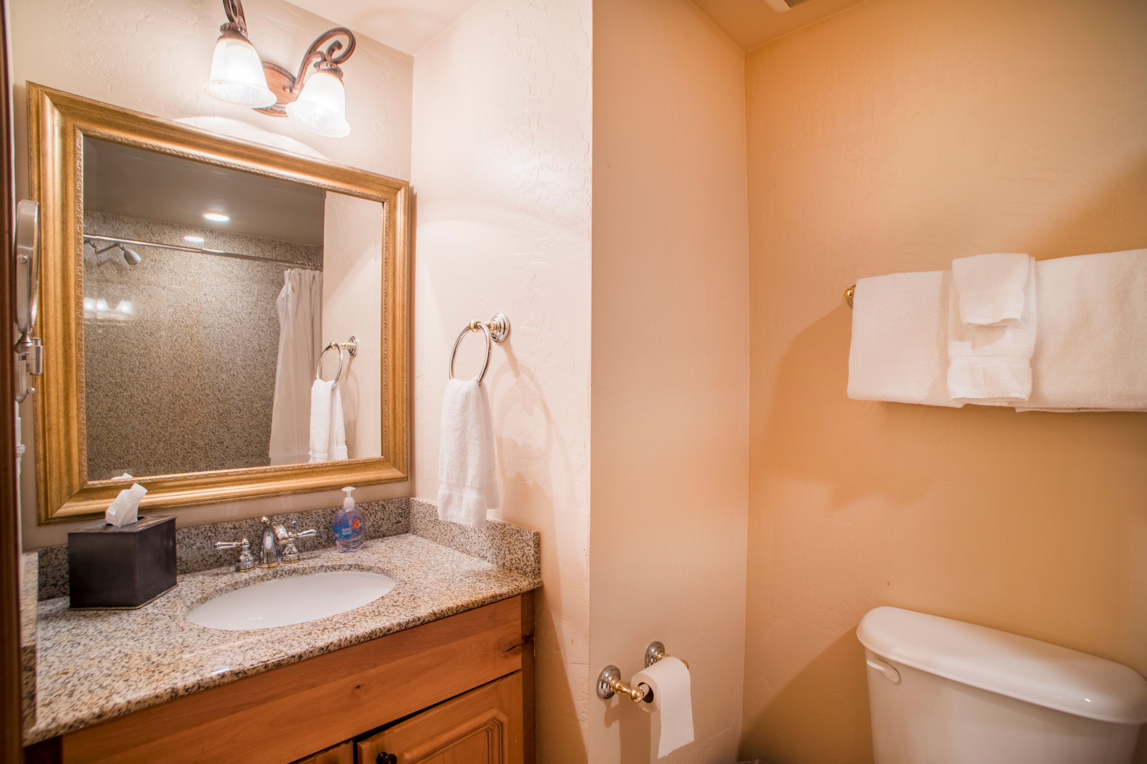Une salle de bain équipée d’un lavabo, d’un miroir, d’un porte-serviettes et de toilettes.