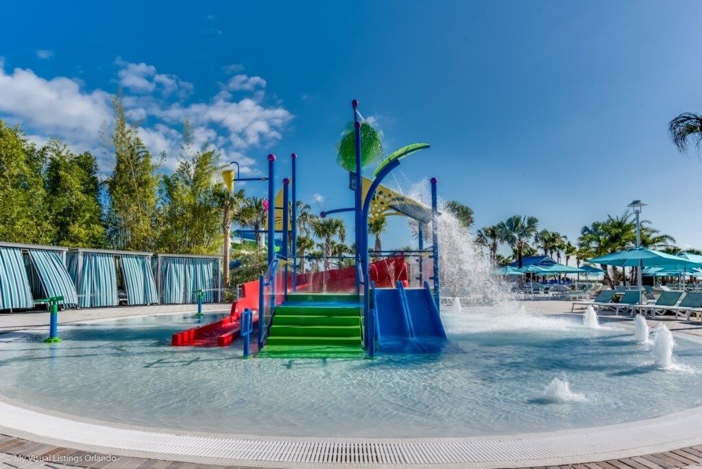 A water park with slides and a pool.