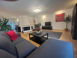 TV, fireplace, DVD player, stereo