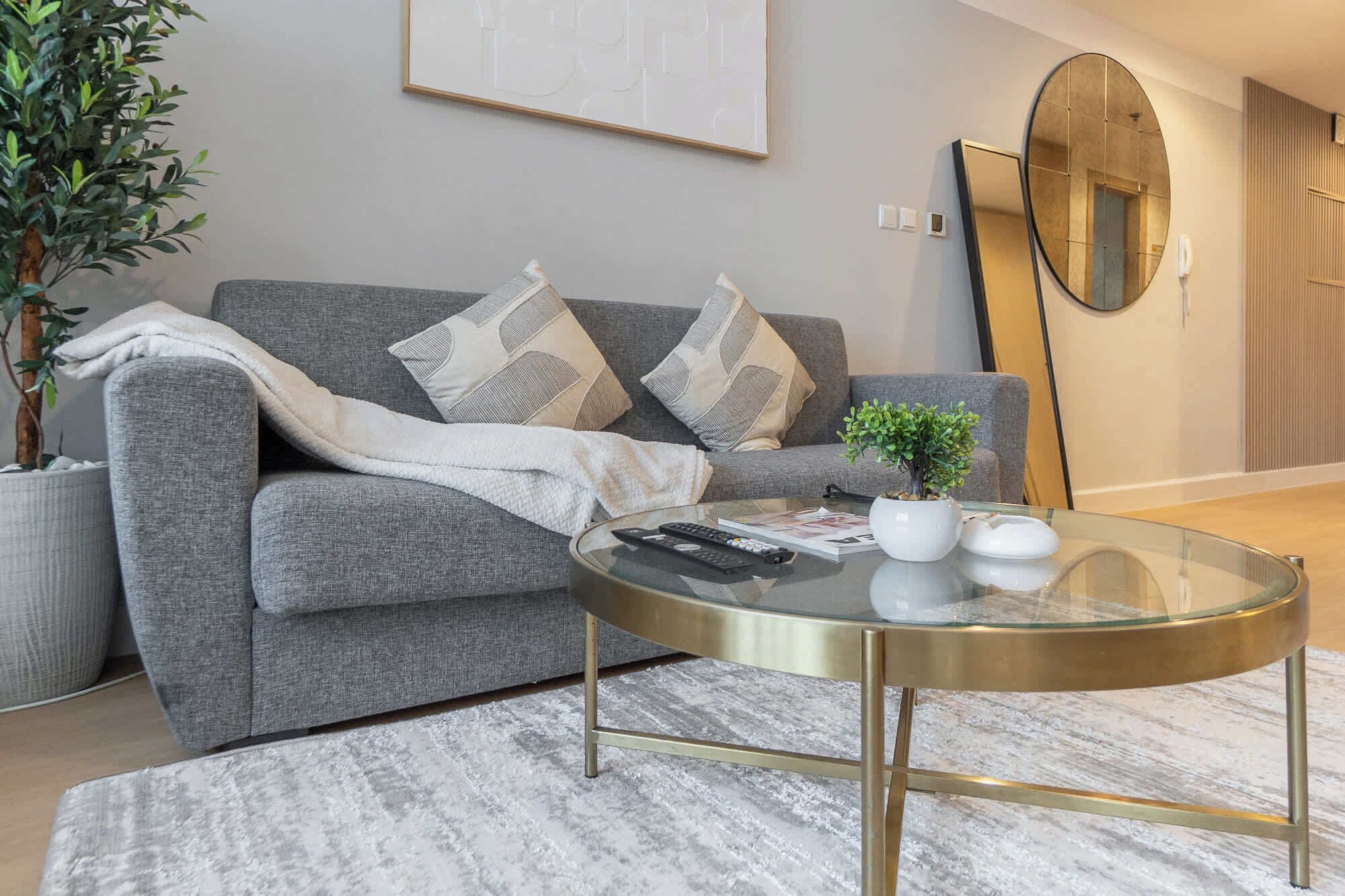 Een moderne woonkamer met een grijze bank, een glazen salontafel, een kleine potplant en een grote spiegel.