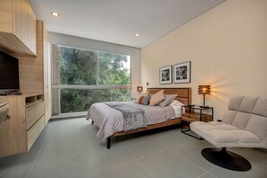 1 bedroom, desk, iron/ironing board, travel cot