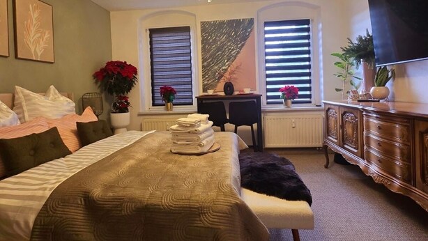 A spacious bedroom with a large bed, a chandelier, a TV, and a desk. - Cozy, pet-friendly one-bedroom apartment in Meißen (Meißen)