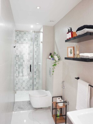 Hair dryer, towels, soap, toilet paper